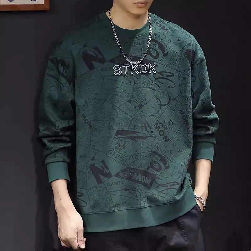 Men's round neck print sweatshirt in brown, loose fit, long sleeves, wool lining, plus size