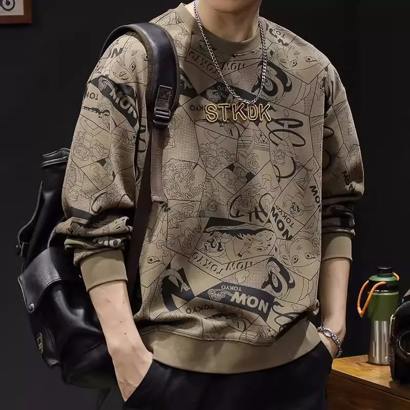 Men's round neck print sweatshirt in brown, loose fit, long sleeves, wool lining, plus size
