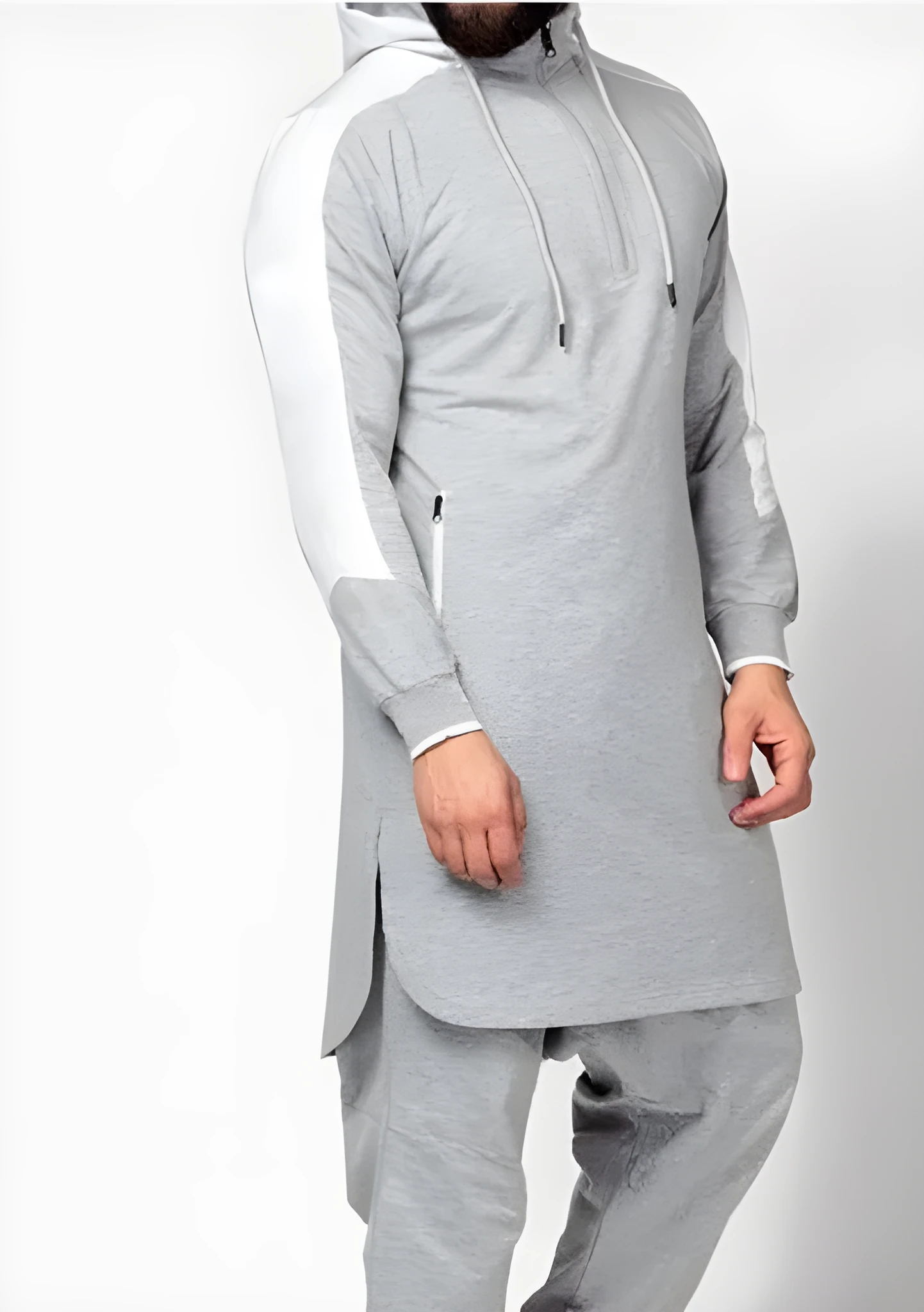Men's colourblock robe-style zip pocket sweatshirt with plus-velvet lining, available in black, gray, green, white