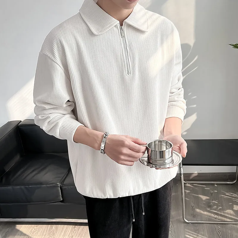 Men's half zip polo sweater striped thin coat pullover long sleeve polyester fibre
