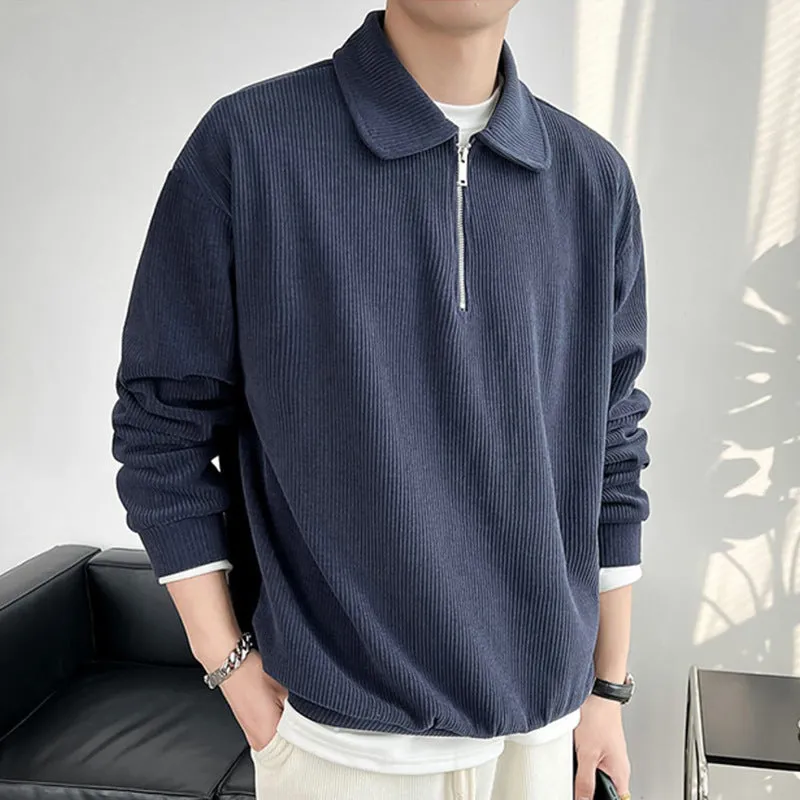 Men's half zip polo sweater striped thin coat pullover long sleeve polyester fibre