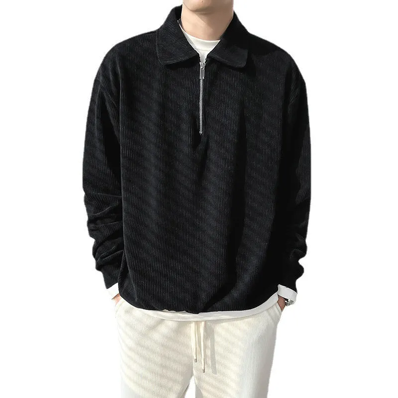 Men's half zip polo sweater striped thin coat pullover long sleeve polyester fibre