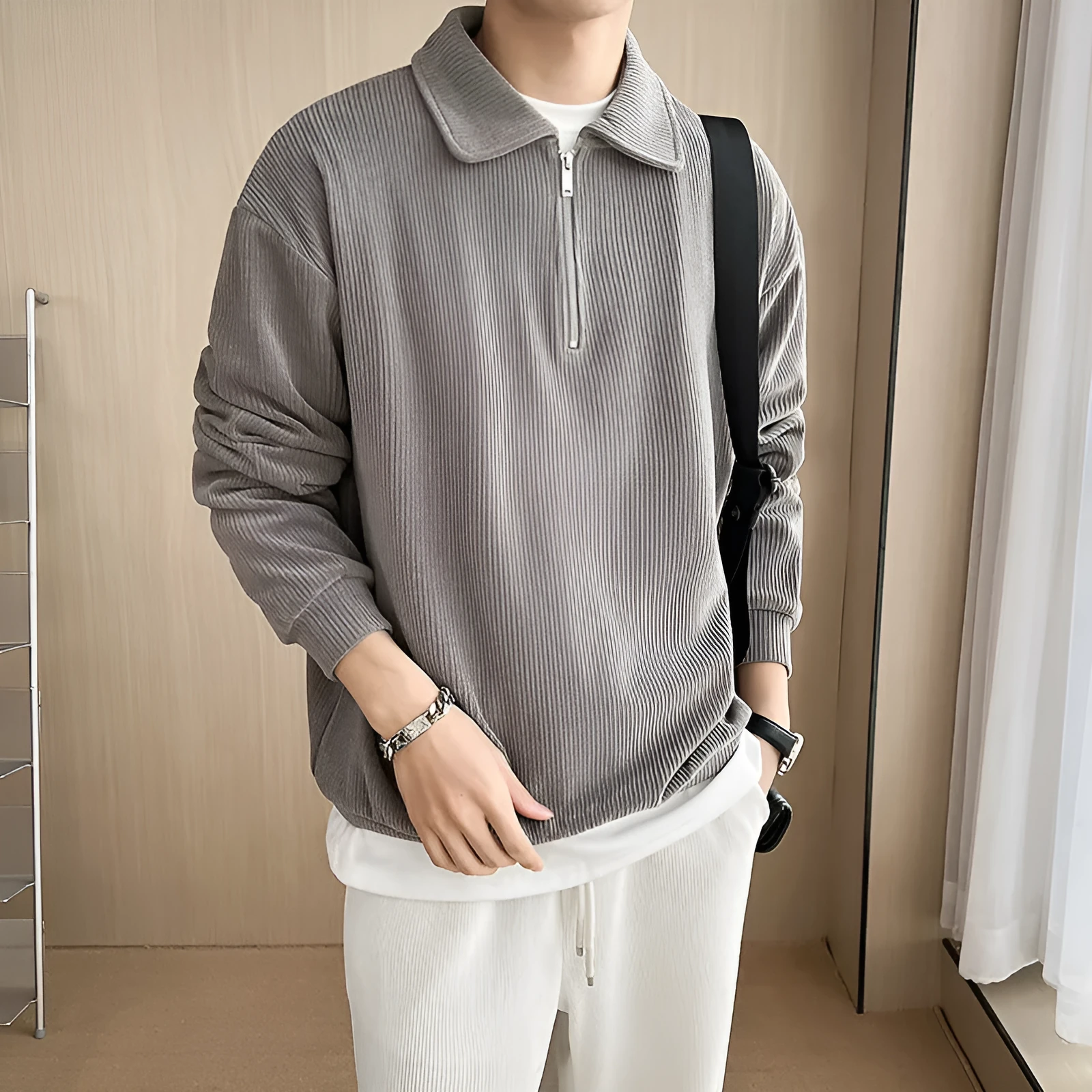 Men's half zip polo sweater striped thin coat pullover long sleeve polyester fibre