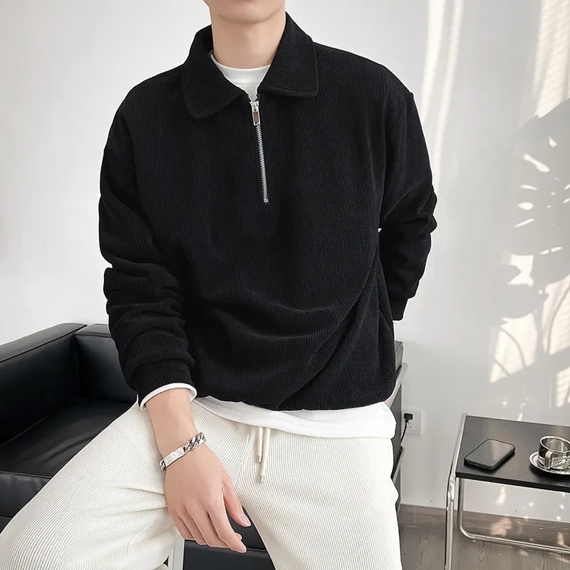 Men's half zip polo sweater striped thin coat pullover long sleeve polyester fibre