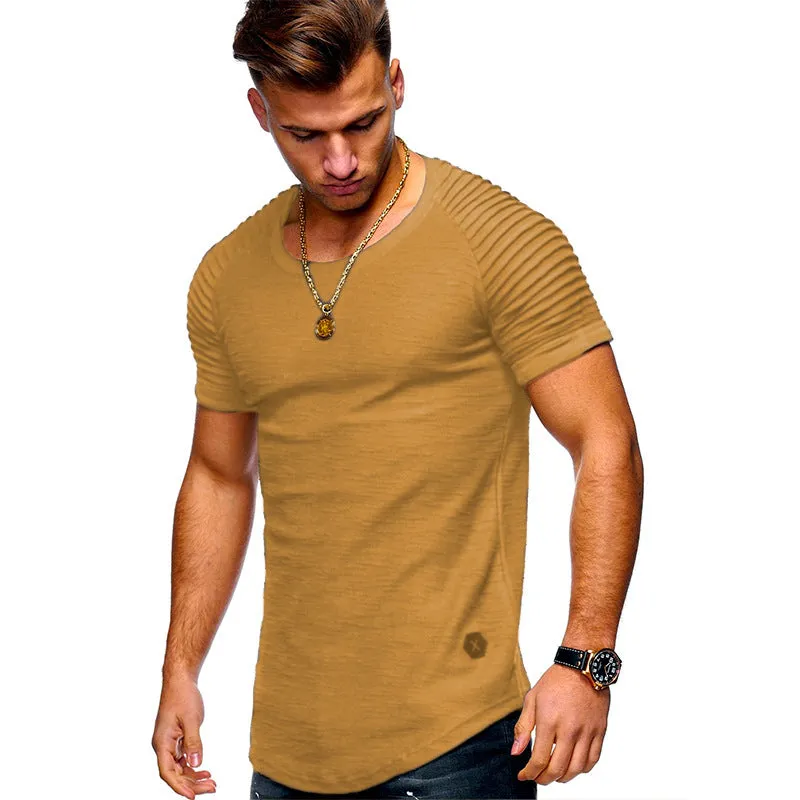 Men's round neck slim solid colour short sleeve t-shirt in Army Green, front view, Asian sizing M-3XL