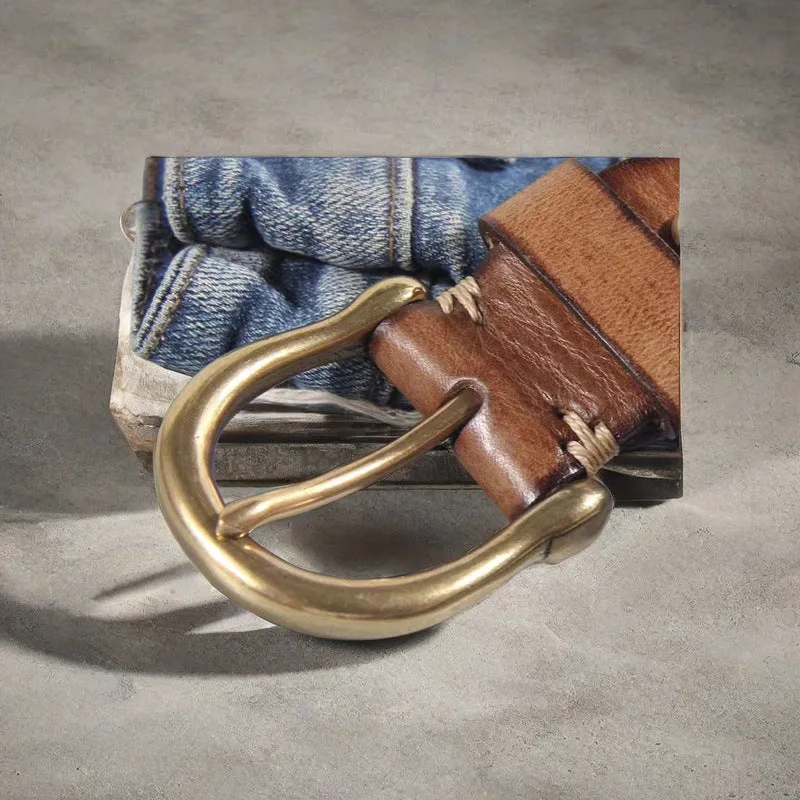Men's casual leather belt in black with copper buckle showing length adjustment holes