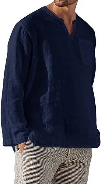 Men's long sleeve V-neck casual beach shirt in khaki, acetate fibre, sizes S to 5XL