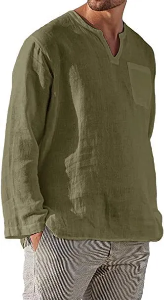 Men's long sleeve V-neck casual beach shirt in khaki, acetate fibre, sizes S to 5XL