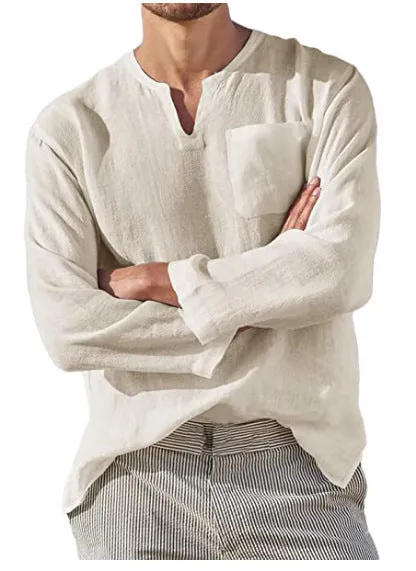 Men's long sleeve V-neck casual beach shirt in khaki, acetate fibre, sizes S to 5XL