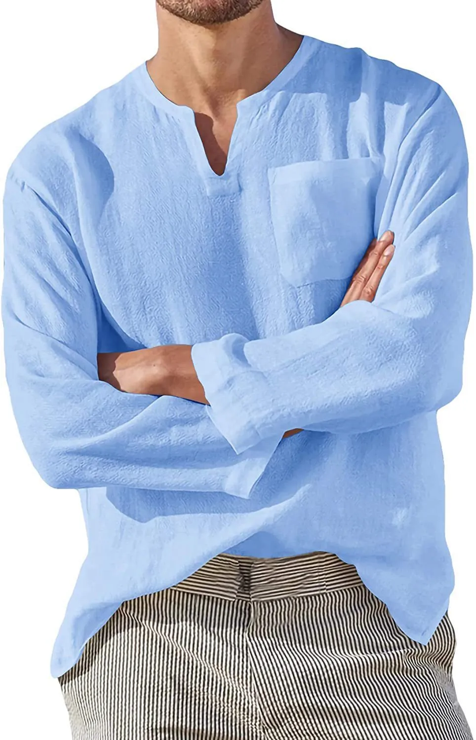 Men's long sleeve V-neck casual beach shirt in khaki, acetate fibre, sizes S to 5XL