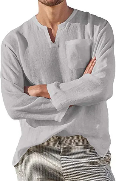 Men's long sleeve V-neck casual beach shirt in khaki, acetate fibre, sizes S to 5XL