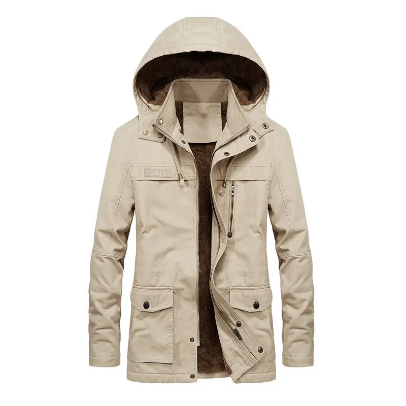 Men's thickened winter jacket in khaki with stand-up collar and zip front, loose fit casual style
