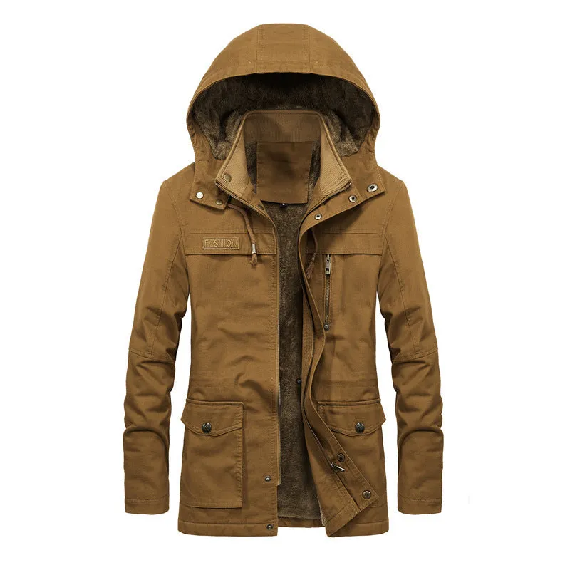 Men's thickened winter jacket in khaki with stand-up collar and zip front, loose fit casual style
