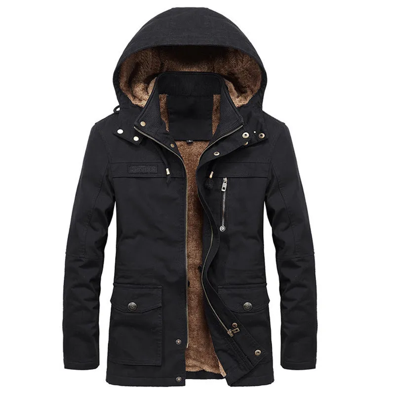 Men's thickened winter jacket in khaki with stand-up collar and zip front, loose fit casual style