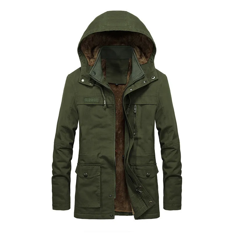 Men's thickened winter jacket in khaki with stand-up collar and zip front, loose fit casual style