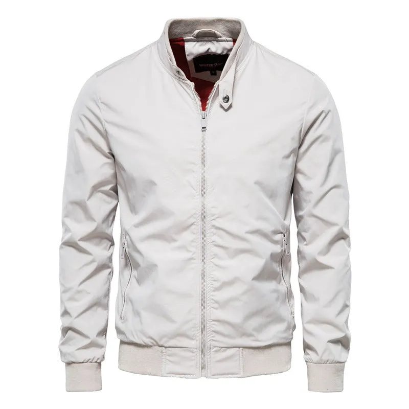 Men's zip-up polyester jacket with stand collar and pockets, solid colour casual outerwear