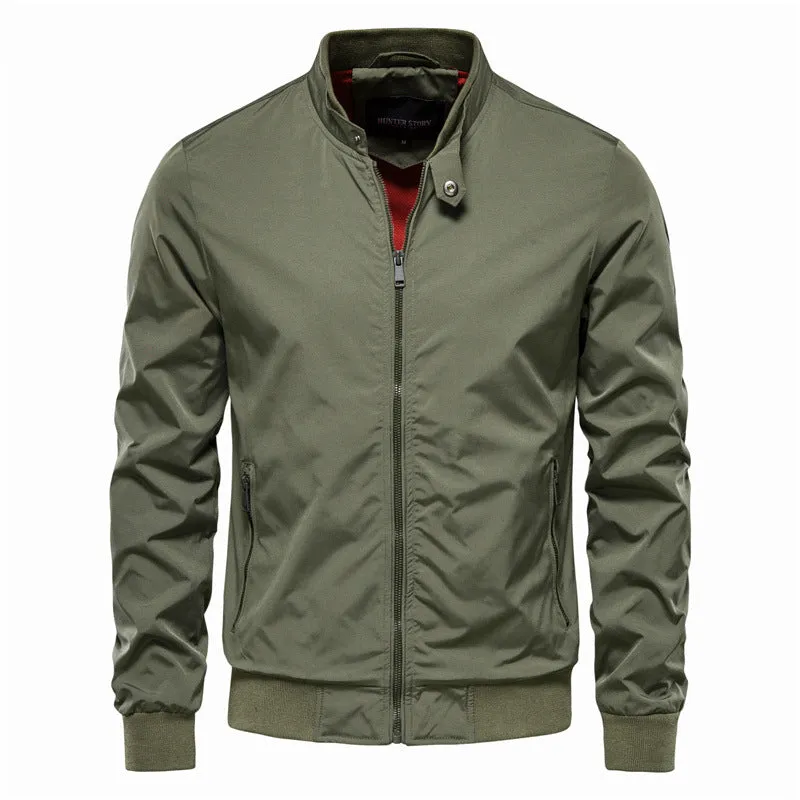 Men's zip-up polyester jacket with stand collar and pockets, solid colour casual outerwear