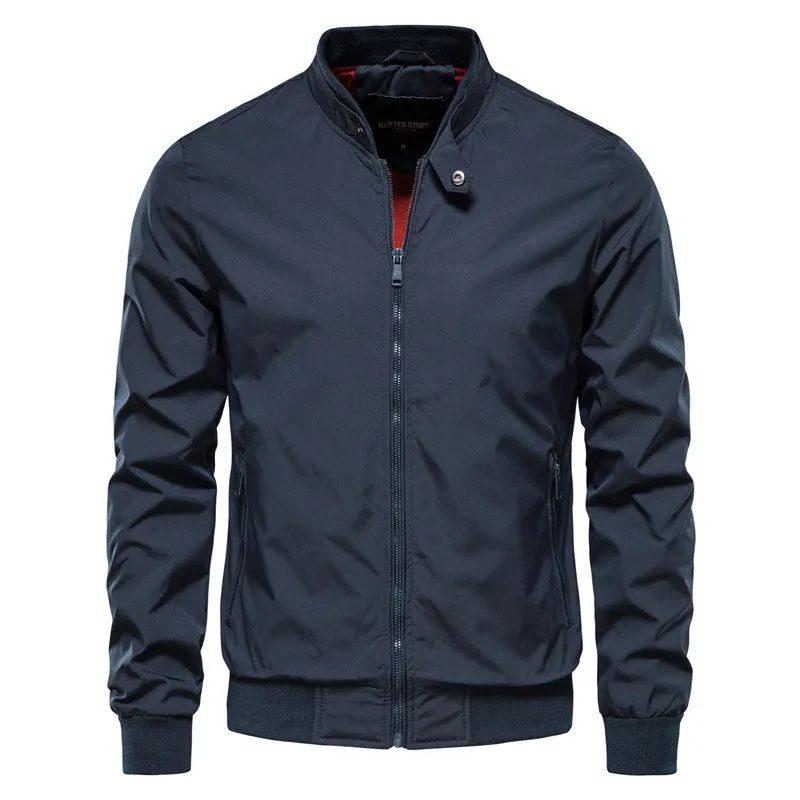 Men's zip-up polyester jacket with stand collar and pockets, solid colour casual outerwear