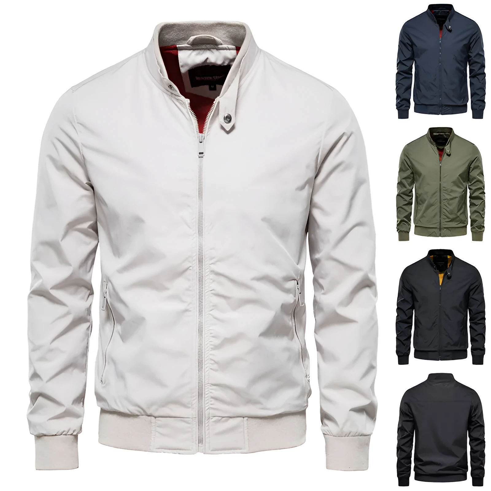 Men's zip-up polyester jacket with stand collar and pockets, solid colour casual outerwear