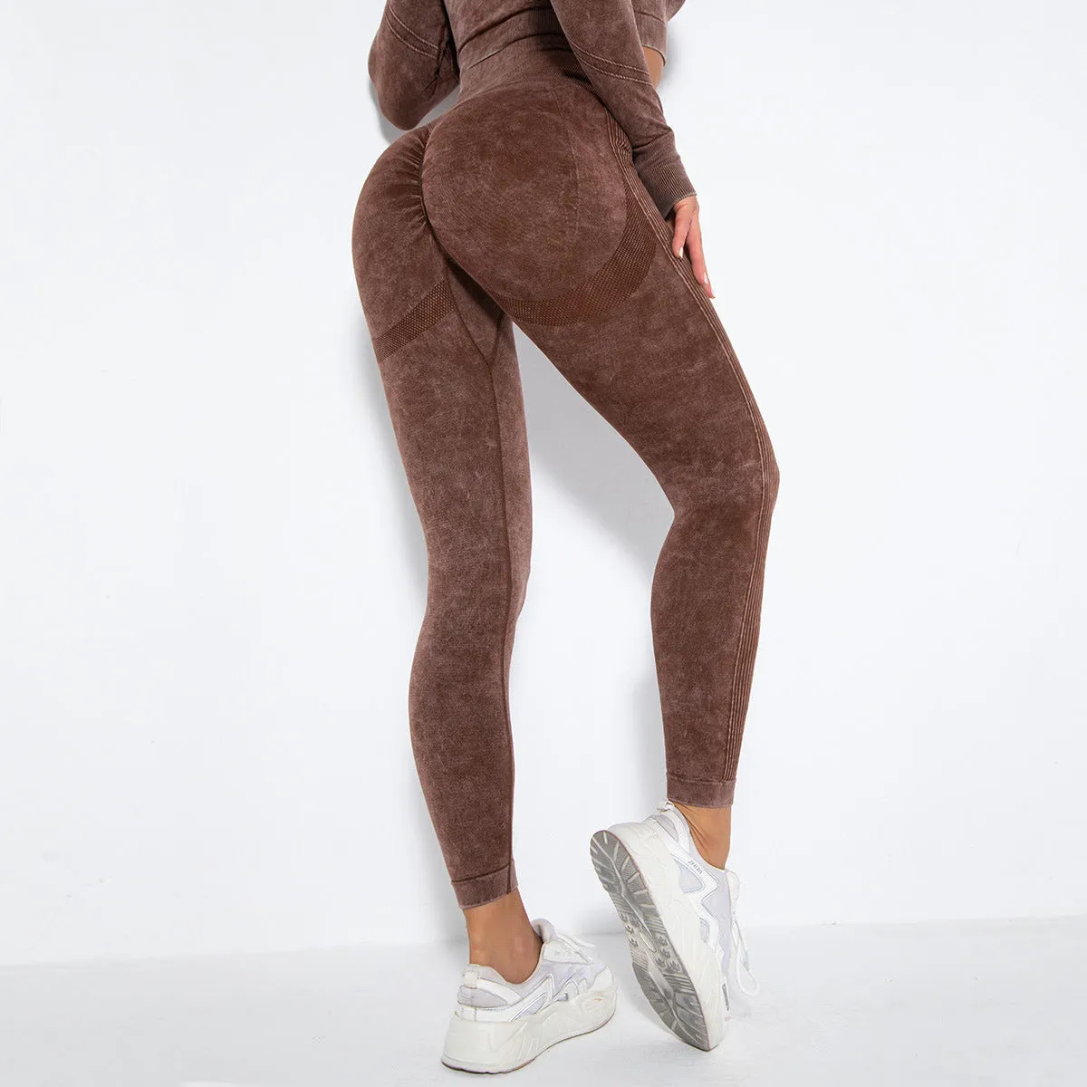Women's camouflage washed fitness leggings in washed black with stretch fabric for gym and yoga