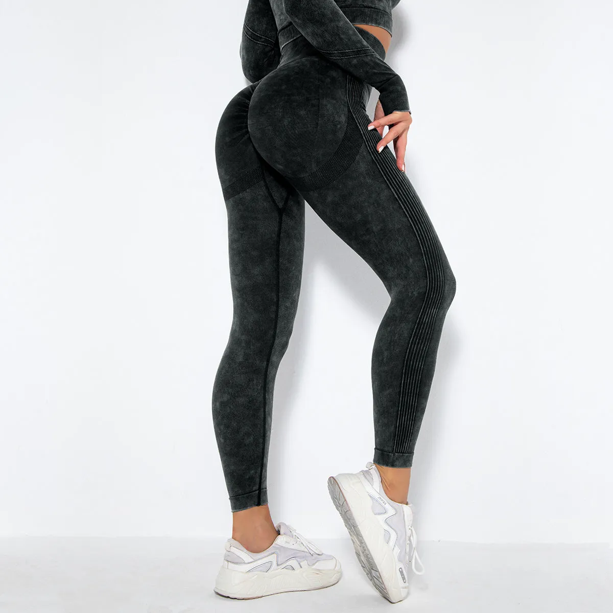 Women's camouflage washed fitness leggings in washed black with stretch fabric for gym and yoga