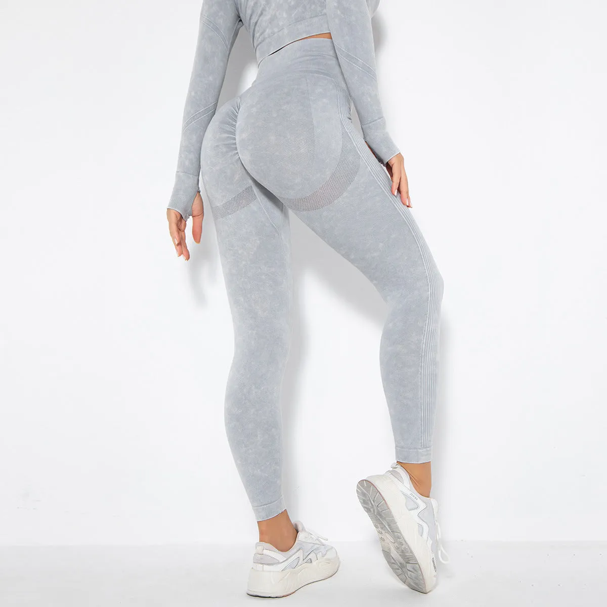 Women's camouflage washed fitness leggings in washed black with stretch fabric for gym and yoga