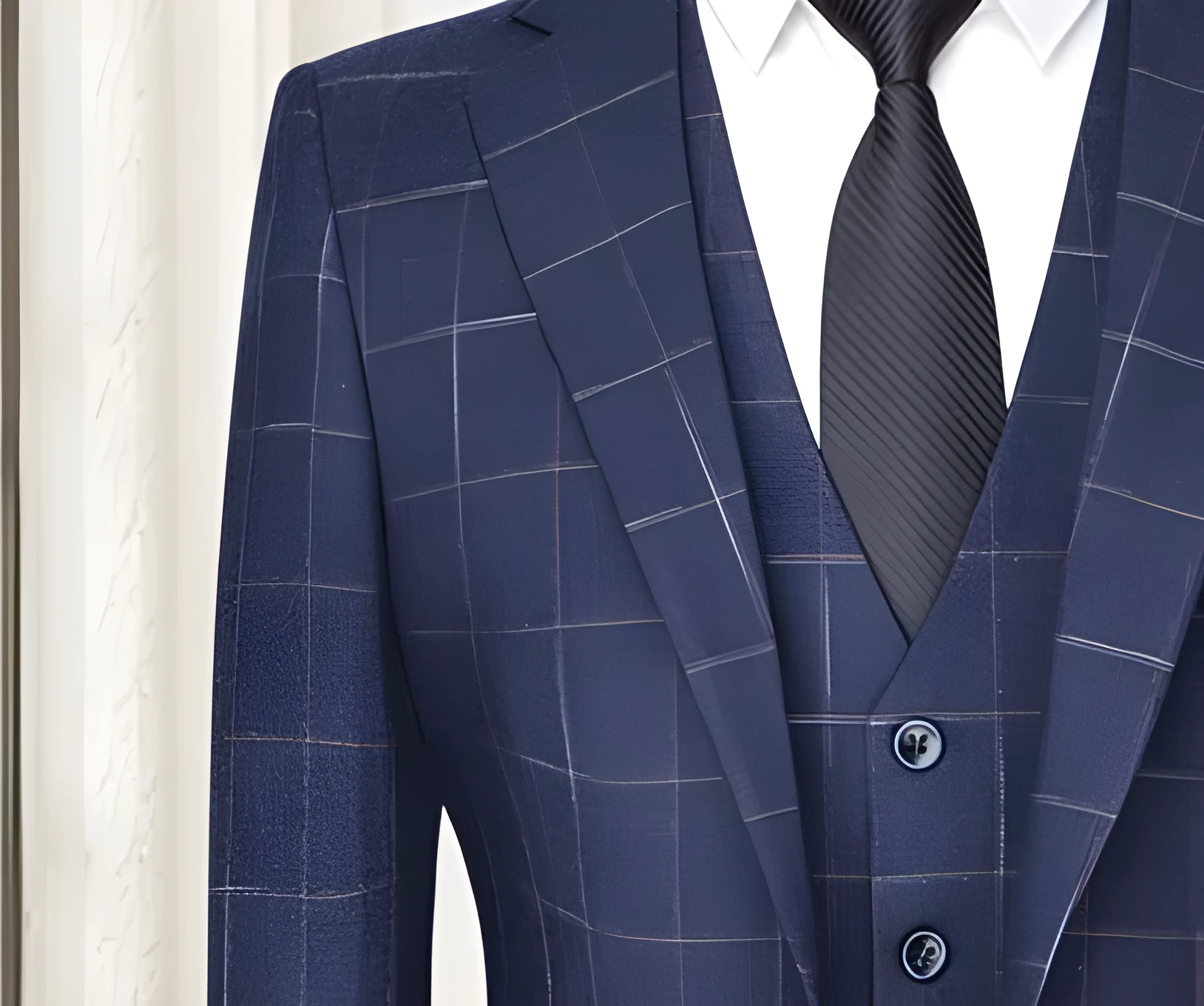 Men's three-piece slim plaid suit set in blue, including jacket, waistcoat, and trousers, made from polyester viscose blend