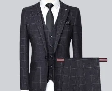 Men's three-piece slim plaid suit set in blue, including jacket, waistcoat, and trousers, made from polyester viscose blend