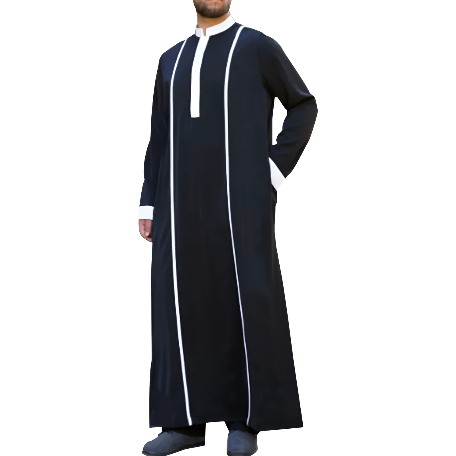 Full-length Muslim costume robe in black with long sleeves, ankle-length cut, and modest coverage