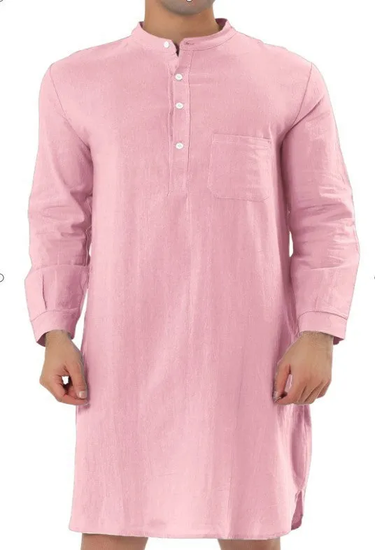 A man wearing a dark blue cotton shirt-style full-length robe for loungewear.