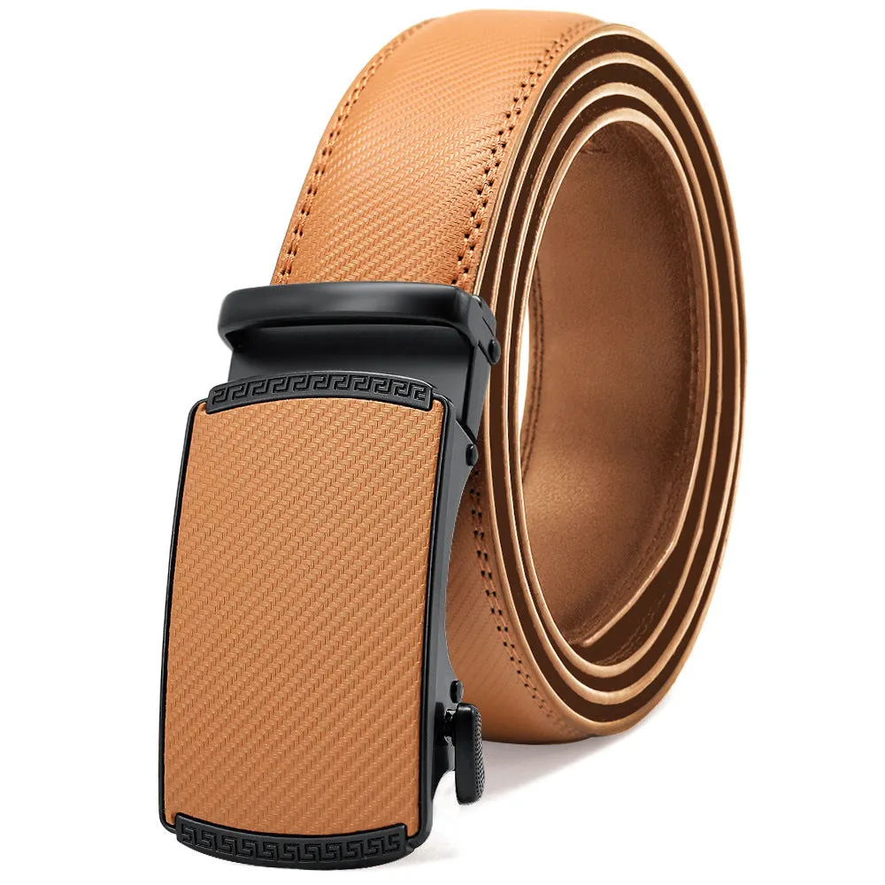Men's automatic buckle leather belt in brown with rectangular alloy buckle on a neutral background