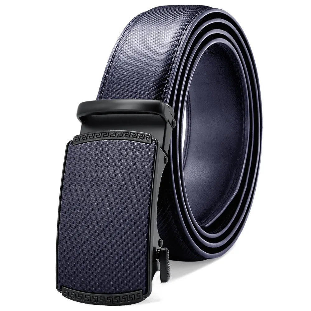 Men's automatic buckle leather belt in brown with rectangular alloy buckle on a neutral background