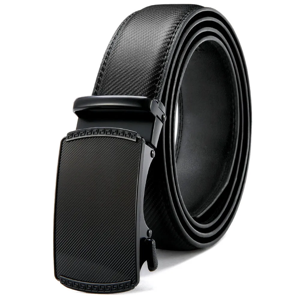 Men's automatic buckle leather belt in brown with rectangular alloy buckle on a neutral background