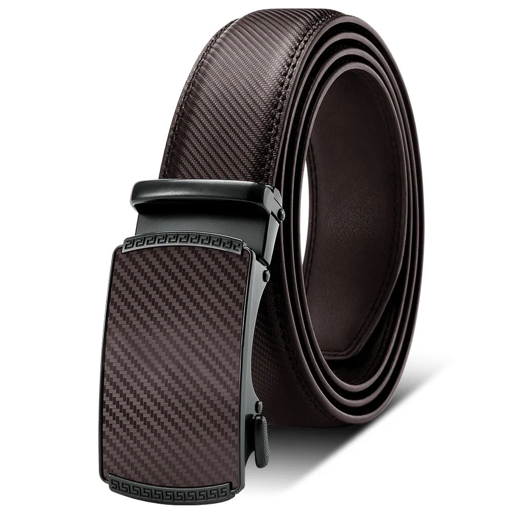 Men's automatic buckle leather belt in brown with rectangular alloy buckle on a neutral background