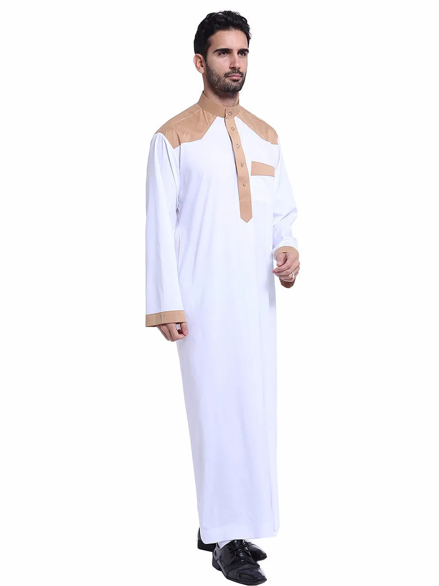 Men's white embroidered polyester blend Arab thobe robe with long sleeves