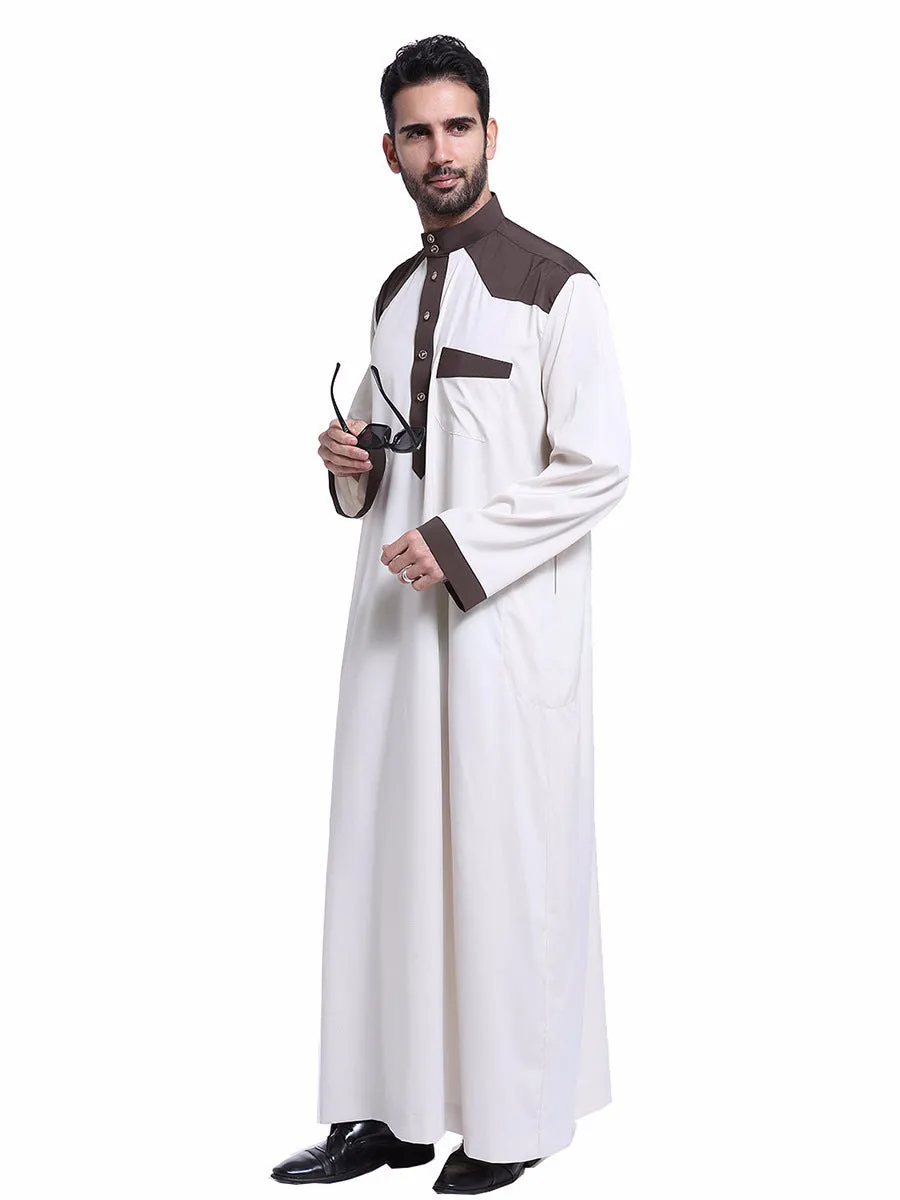 Men's white embroidered polyester blend Arab thobe robe with long sleeves