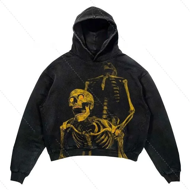 Punk design printed hoodie with 3D effect pattern, loose fit, thick polyester, long sleeves, multiple colour options