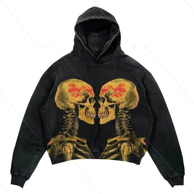 Punk design printed hoodie with 3D effect pattern, loose fit, thick polyester, long sleeves, multiple colour options