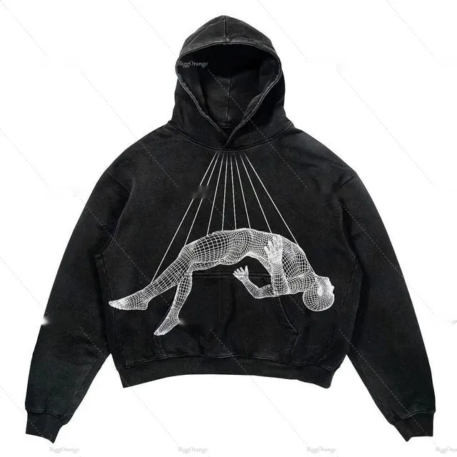 Punk design printed hoodie with 3D effect pattern, loose fit, thick polyester, long sleeves, multiple colour options