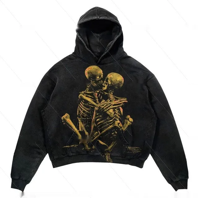 Punk design printed hoodie with 3D effect pattern, loose fit, thick polyester, long sleeves, multiple colour options