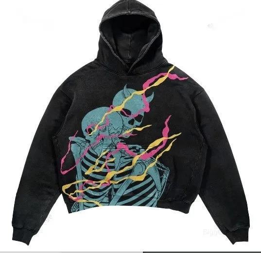 Punk design printed hoodie with 3D effect pattern, loose fit, thick polyester, long sleeves, multiple colour options