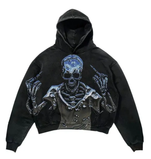 Punk design printed hoodie with 3D effect pattern, loose fit, thick polyester, long sleeves, multiple colour options