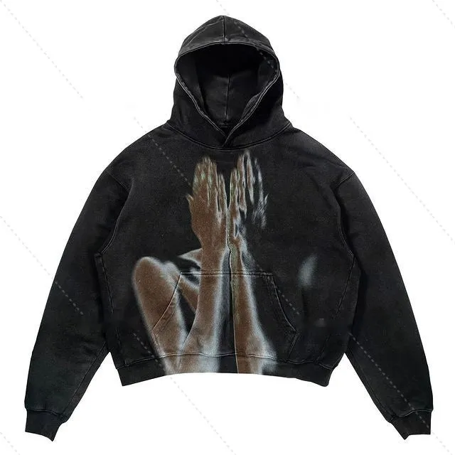 Punk design printed hoodie with 3D effect pattern, loose fit, thick polyester, long sleeves, multiple colour options
