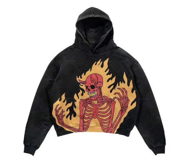 Punk design printed hoodie with 3D effect pattern, loose fit, thick polyester, long sleeves, multiple colour options