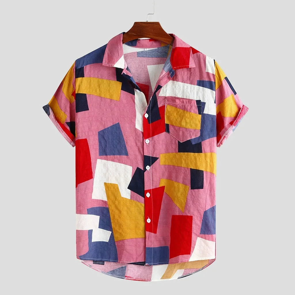 Plaid beach shirt short sleeve thin cotton blend in pink and white sizes M to 3XL for casual summer wear