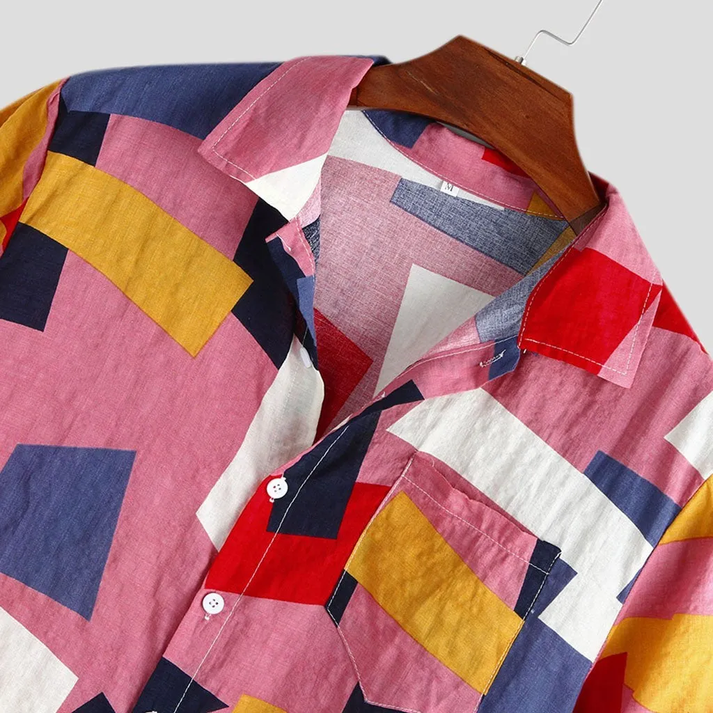 Plaid beach shirt short sleeve thin cotton blend in pink and white sizes M to 3XL for casual summer wear