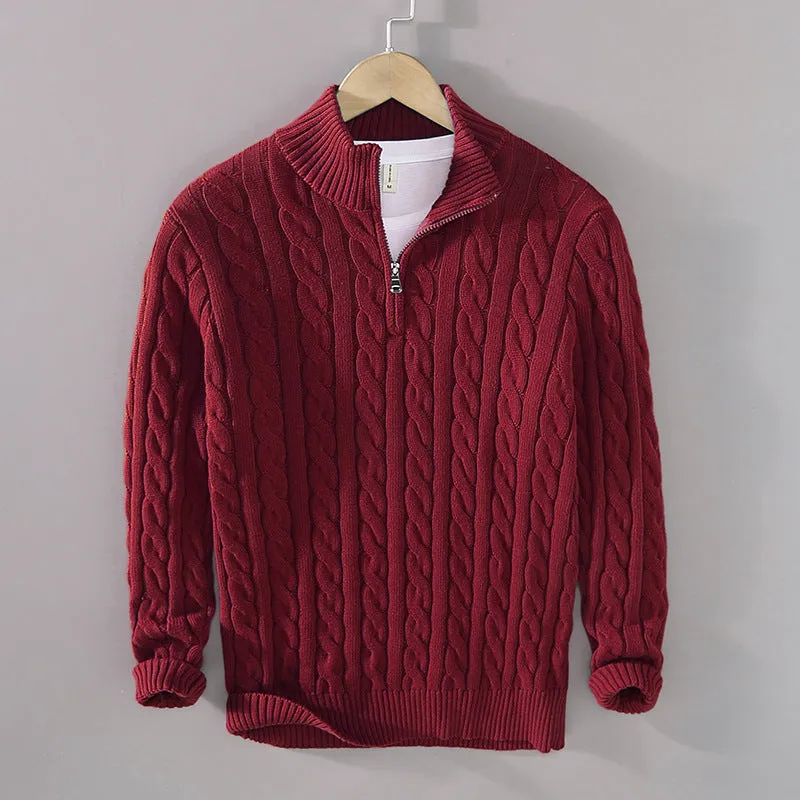 Men's cotton knitted zip pullover sweater in wine red - thick winter loose fit coat with front zip