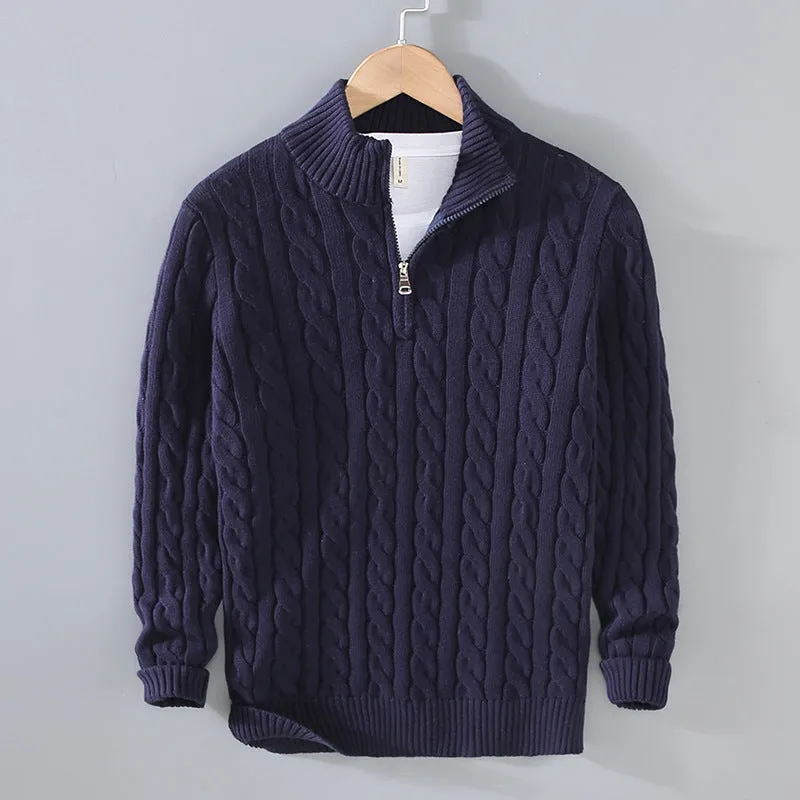 Men's cotton knitted zip pullover sweater in wine red - thick winter loose fit coat with front zip