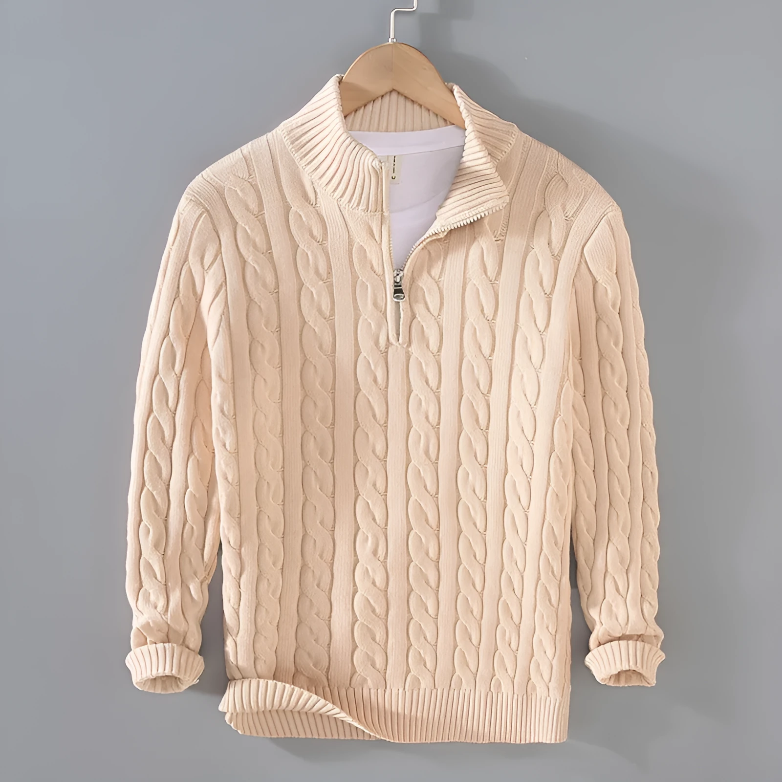 Men's cotton knitted zip pullover sweater in wine red - thick winter loose fit coat with front zip