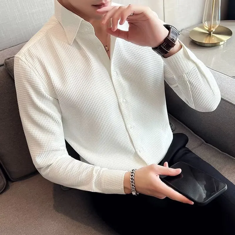 Men's long-sleeved solid colour polyester business shirt in white, black, green for spring autumn office wear